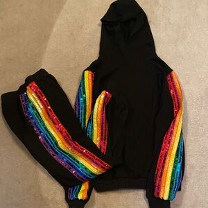Lola + the boys Black Hoodie and Joggers with Rainbow Sequin Stripes